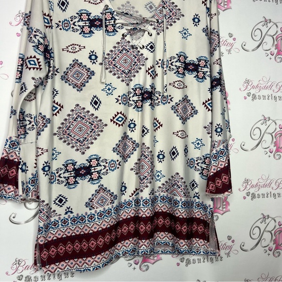 Verve Ami blouse tribal Aztec corset lace up detail front white blue red - Picture 3 of 9